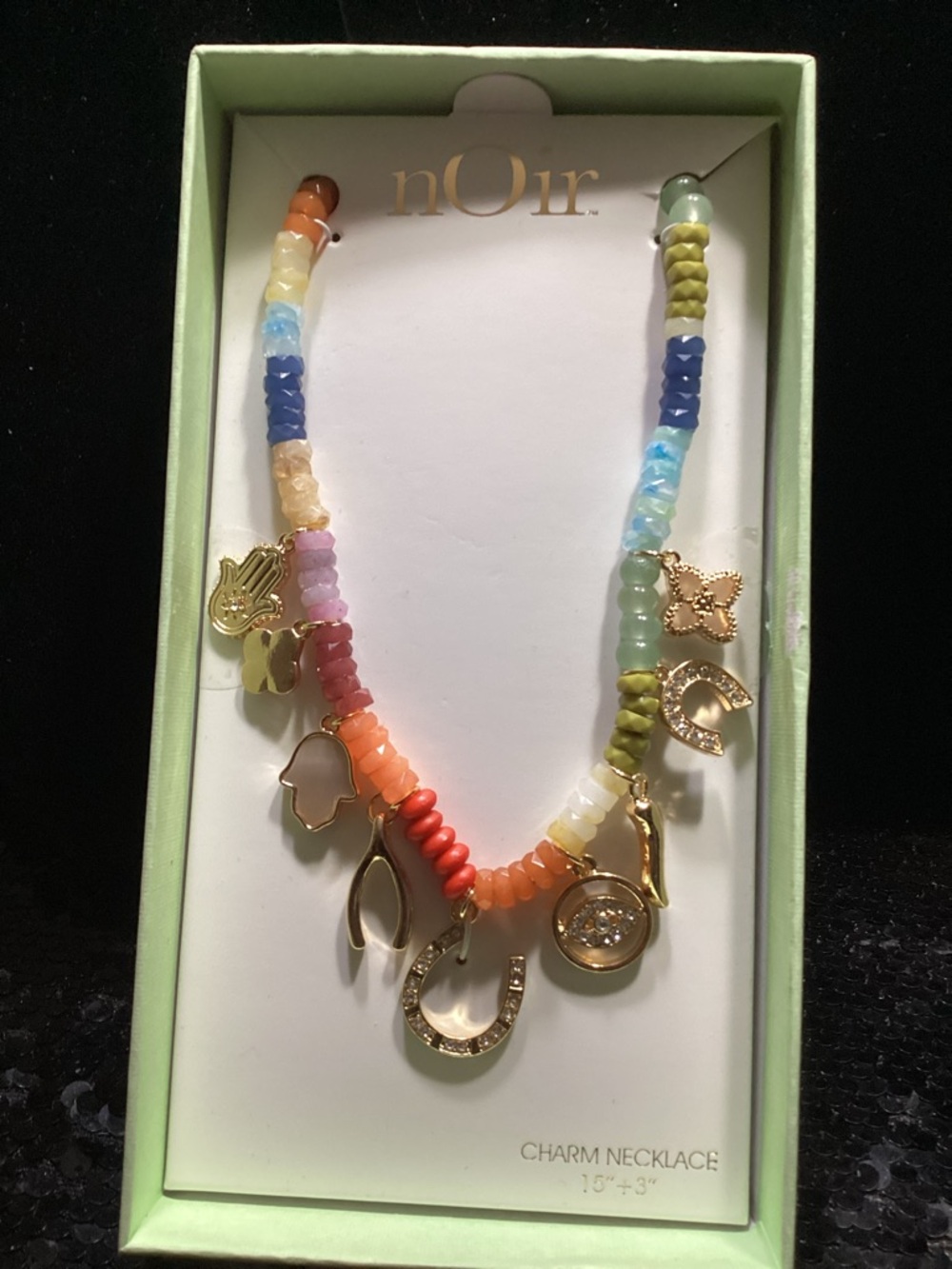 nOir Jewelry Rainbow Beaded Charm Necklace with Gold-Tone Charms